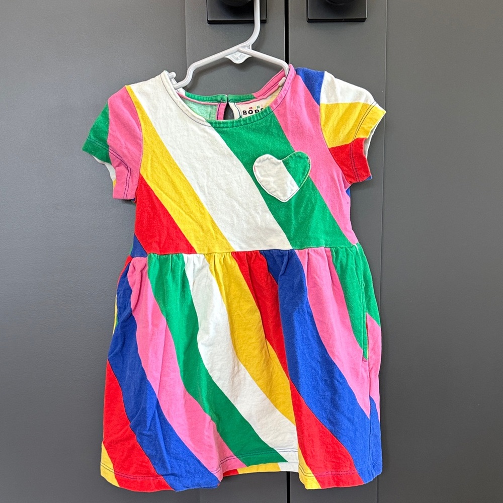 Mini Boden Rainbow Striped Dress with Heart Pocket